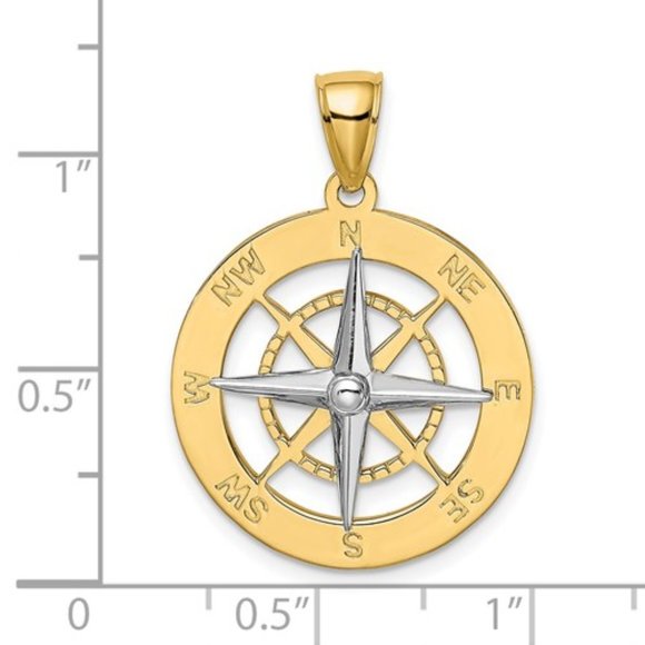 14k Yellow Gold Nautical Compass w/ White Rhodium Needle Necklace Charm Pendant - Picture 3 of 3
